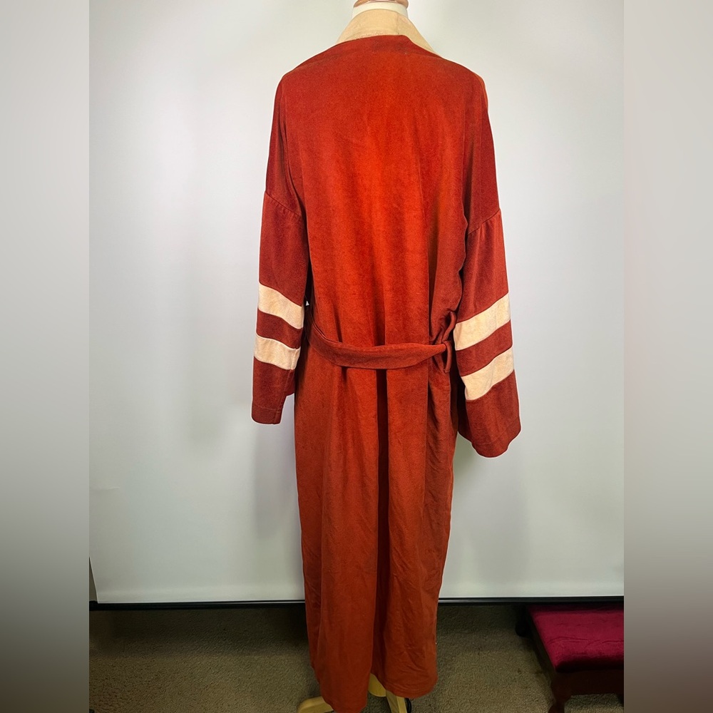 VTG 70s Burnt Orange Velour Robe Varsity Stripe Lounge Kimono Style Mid Century - Picture 5 of 16
